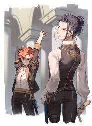 Rule 34 | 2boys, :/, arms up, black hair, black jacket, black pants, black vest, clenched hand, closed eyes, closed mouth, commentary, contrapposto, cropped legs, english commentary, eyelashes, felix hugo fraldarius, fire emblem, fire emblem: three houses, frown, garreg mach monastery uniform, gold trim, hair bun, hand on own hip, holding, holding sword, holding weapon, holstered, jacket, lapels, long sleeves, looking back, male focus, multiple boys, natsuyon, nintendo, open clothes, open jacket, orange hair, outstretched arm, pants, parted bangs, parted hair, pillar, pink eyes, school uniform, shirt, shirt tucked in, single hair bun, sleeve cuffs, standing, stretching, sweatdrop, sword, sylvain jose gautier, vest, weapon, white shirt
