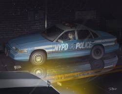 1boy 1girl artist_name brick_wall car commentary_request dumpster english_text ford ford_crown_victoria jettoburikku light looking_to_the_side motor_vehicle new_york_city new_york_city_police_department night original outdoors pole police police_car police_uniform policeman policewoman puddle rain reflection road sign vehicle_focus watermark