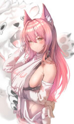1girl absurdres animal animal_ear_fluff animal_ears arm_under_breasts bare_shoulders black_sports_bra blush breasts closed_mouth detached_sleeves goddess_of_victory:_nikke hair_intakes highres jindogod large_breasts leona_(nikke) lion long_hair pink_hair shirt sideboob sideless_shirt sidelocks smile sports_bra tail timi_(nikke) turtleneck turtleneck_shirt white_shirt yellow_eyes