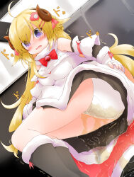 1girl ahoge animal_ears ark1227 black_skirt blonde_hair blush capelet clothes_lift dress embarrassed fur-trimmed_dress fur_trim hair_ornament hairpin highres hololive horns long_hair pee pee_stain peeing peeing_self pink_capelet puddle purple_eyes sheep_ears sheep_girl sheep_horns skirt skirt_lift solo tsunomaki_watame tsunomaki_watame_(1st_costume) virtual_youtuber wet wet_clothes white_dress