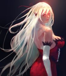 1girl absurdres bare_shoulders blonde_hair breasts cleavage collarbone dress elbow_gloves feather-trimmed_dress feather-trimmed_gloves feather_trim frilled_dress frills gloves hair_ribbon highres kiss-shot_acerola-orion_heart-under-blade kizumonogatari kokorowatari large_breasts long_hair looking_at_viewer monogatari_(series) oshino_shinobu pointy_ears red_dress ribbon smile solo strapless strapless_dress vampire very_long_hair washingmach13 white_gloves yellow_eyes