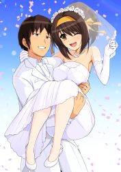 1boy 1girl ;d absurdres blue_background breasts bridal_veil brown_eyes brown_hair carrying commentary_request commission confetti couple dress flower formal_clothes gloves grin hairband happy haruhisky hetero highres husband_and_wife jewelry kyon medium_breasts necklace off_shoulder one_eye_closed open_mouth orange_hairband pantyhose pearl_necklace princess_carry ring rose second-party_source short_hair simple_background smile strapless strapless_dress suit suzumiya_haruhi suzumiya_haruhi_no_yuuutsu veil wedding wedding_band wedding_dress white_flower white_footwear white_pantyhose white_rose white_suit
