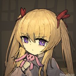 Rule 34 | 1girl, black dress, black souls, blonde hair, blush, bright pupils, character request, closed mouth, dress, hair between eyes, hair ribbon, hashtag-only commentary, highres, holding, holding stuffed toy, long hair, long sleeves, looking at viewer, portrait, purple eyes, red ribbon, ribbon, sidelocks, solo, stuffed animal, stuffed rabbit, stuffed toy, twintails, twitter username, white pupils, xun lin (pixiv 93392103)
