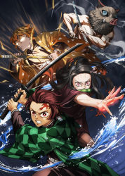 1girl 3boys agatsuma_zenitsu bamboo bit_gag black_hair blonde_hair boar_mask chaboex commentary gag glowing glowing_eyes hashibira_inosuke highres japanese_clothes kamado_nezuko kamado_tanjirou katana kimetsu_no_yaiba kimono long_hair multiple_boys pink_eyes red_hair scar_on_face scar_on_forehead short_hair sword water weapon