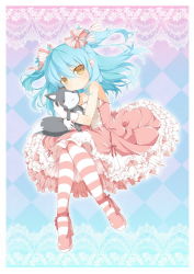 1girl :3 alternate_costume aqua_background argyle_background argyle_clothes blue_hair bow cat dress eiyuu_densetsu falcom female_focus frills full_body gloves hair_ribbon long_hair pantyhose pink_bow pink_dress pink_pantyhose ribbon saru solo striped_clothes striped_pantyhose tio_plato twintails two_side_up yellow_eyes zero_no_kiseki
