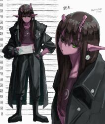 1girl alien antenna_piercing antennae black_boots black_gloves boots broken_antenna brown_hair coat collarbone colored_skin crop_top daidouji_akane ear_piercing fingerless_gloves gloves green_eyes highres jacket jiatang leather leather_jacket lineup midriff milky_galactic_universe milky_subway open_clothes open_coat piercing red_skin solo standing twitter_username