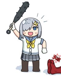 1girl 1other black_pantyhose blue_eyes club club_(weapon) commentary_request grey_hair grey_sailor_collar grey_skirt hair_ornament hair_over_one_eye hairclip hama!_(3toshinhmkz) hamakaze_(kancolle) holding holding_club holding_weapon kanabou kantai_collection looking_at_viewer neckerchief no_nose pantyhose pleated_skirt red_socks sailor_collar school_uniform serafuku short_hair simple_background skirt smile socks spiked_club standing weapon white_background yellow_neckerchief