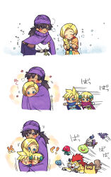 2boys 2girls belt belt_bag bianca_(dq5) black_hair blonde_hair blue_cloak blue_eyes blush blush_stickers borongo bow bracelet braid breath cape child cloak cold commentary_request cureslime dark-skinned_male dark_skin dracky dragon_quest dragon_quest_v dress earrings family father_and_daughter father_and_son flower gloves green_bow green_dress hair_bow hammerhood_(dragon_quest) height_difference hero&#039;s_daughter_(dq5) hero&#039;s_son_(dq5) hero_(dq5) highres hug husband_and_wife jewelry jumping long_hair looking_at_another low_ponytail monster mother_and_daughter mother_and_son motion_lines multiple_boys multiple_girls nabenko orange_cape pink_cloak ponytail purple_cape purple_cloak purple_headwear running short_hair siblings single_braid slime_knight smile spiked_hair standing trembling tunic turban twins twitter_username warming white_gloves white_tunic
