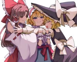 3girls alice_margatroid apron ascot back_bow black_hat black_skirt black_vest blonde_hair bow braid brown_hair capelet closed_mouth commentary_request detached_sleeves frilled_bow frilled_hair_tubes frilled_hairband frills hair_bow hair_tubes hairband hakurei_reimu hat hat_bow hug jingai_(k1bun) kirisame_marisa lolita_hairband long_hair long_sleeves multiple_girls open_mouth pink_hairband red_bow red_eyes red_skirt ribbon-trimmed_sleeves ribbon_trim short_hair side_braid single_braid skirt skirt_set smile touhou vest waist_apron white_apron white_bow white_capelet witch_hat wrist_cuffs yellow_ascot
