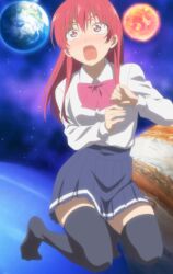 1girl anime_screenshot black_socks black_thighhighs blue_skirt blush bow bowtie breasts collared_shirt dot_nose earth_(planet) female_focus highres kanojo_mo_kanojo kneehighs kneeling legs long_hair long_sleeves miniskirt open_mouth pink_bow pink_bowtie planet pleated_skirt red_eyes red_hair saki_saki_(kanojo_mo_kanojo) school_uniform shirt shirt_tucked_in skirt small_breasts socks solo solo_focus space stitched sun sweat sweatdrop thighhighs thighs third-party_edit white_shirt zettai_ryouiki