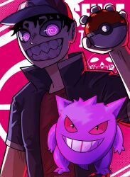 1boy @_@ baseball_cap black_hair commentary copyright_logo cosplay cowboy_shot creatures_(company) game_freak gen_1_pokemon gengar ghost glitch_tellend grey_jacket hat highres holding holding_poke_ball jacket kaleb_(sense_life) looking_at_viewer male_focus nintendo official_art open_clothes open_jacket open_mouth pink_background poke_ball pokemon pokemon_(creature) portuguese_commentary purple_eyes red_(pokemon) red_(pokemon)_(cosplay) red_eyes red_hat red_shirt sense_life sharp_teeth shirt smile standing teeth v-shaped_eyes