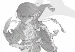 Rule 34 | 1boy, apollo hotori, arms at sides, blunt ends, bodysuit, closed mouth, frown, furisode, genshin impact, grey background, greyscale, hand on own hip, hat, holding, holding unworn clothes, holding unworn hat, japanese clothes, jewelry, jingasa, kimono, looking at viewer, looking up, male focus, mandarin collar, mitsudomoe (shape), monochrome, neck ring, o-ring, rope, scaramouche (genshin impact), shimenawa, short sleeves, single sode, sketch, solo, tassel, tomoe (symbol), tsurime, twitter username, unworn hat, unworn headwear, wispy bangs