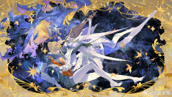 Rule 34 | 2girls, astronaut, asymmetrical gloves, bird, black gloves, blonde hair, blue hair, border, bow (music), closed eyes, dress, floating, floating hair, from side, full body, gloves, gradient legwear, hair bun, hair intakes, hair ornament, heads together, helmet, highres, holding, holding bow (music), holding helmet, holding instrument, instrument, juliet sleeves, kiperina, krab (fumekrab), long hair, long sleeves, mismatched gloves, multiple girls, official alternate costume, orbital path, ornate border, pantyhose, profile, puffy sleeves, reverse:1999, short dress, sitting, space helmet, spacesuit, sparkle, star (sky), star (symbol), star hair ornament, starry sky background, starry sky print, unworn headwear, unworn helmet, very long hair, voyager (reverse:1999), watermark, weibo watermark, white dress, white gloves, white pantyhose, wide sleeves, yellow border