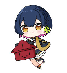 1girl black_capelet black_gloves black_hair black_shoes black_skirt blush_stickers braid brown_eyes capelet chibi closed_mouth commentary full_body gloves green_ribbon hair_between_eyes hair_ribbon hat highres looking_at_viewer multicolored_hair nijisanji nozo_(hitomiz) pink_hair red_hat ribbon shirt shoes simple_background single_thighhigh skirt smile solo thighhighs tokin_hat two-tone_hair unworn_hat unworn_headwear virtual_youtuber white_background white_shirt white_thighhighs yamagami_karuta