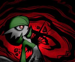 blood blood_splatter bob_cut colored_skin dirty dirty_face from_side gardevoir gen_3_pokemon green_hair green_skin highres multicolored_skin nintendo open_mouth pink_eyes pokemon pokemon_(creature) shattered sketchygarden two-tone_skin white_skin
