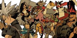 3girls 5boys aerith_gainsborough animal animal_on_head arm_tattoo armor ascot asymmetrical_legwear bandaged_hand bandages bangle bare_shoulders barret_wallace beard belt black_fur black_gloves black_hair black_skirt black_socks blue_eyes blue_jacket boots bracelet braid braided_ponytail breasts brown_boots brown_eyes brown_hair buster_sword cait_sith_(final_fantasy) cape cat cat_on_head center_opening chain chain_necklace chest_strap cid_highwind cigarette clawed_gauntlets cleavage cloak closed_mouth cloud_strife crop_top cropped_jacket crown d_d_work dark-skinned_male dark_skin dress earrings elbow_gloves elbow_pads facial_hair facial_mark fangs fangs_out feather_hair_ornament feathers final_fantasy final_fantasy_vii fingerless_gloves fire flame-tipped_tail full_body furrowed_brow gloves goggles goggles_on_head green_eyes green_shirt grey_belt grey_shirt grey_vest grin hair_ornament hair_ribbon headband highres holding holding_cigarette holding_megaphone holding_staff holding_sword holding_weapon jacket jewelry large_breasts long_dress long_hair loose_socks materia megaphone midriff mini_crown miniskirt moogle multiple_boys multiple_girls necklace on_head open_fly open_mouth orange_fur parted_bangs pauldrons pink_dress pink_ribbon prosthetic_weapon puffy_short_sleeves puffy_sleeves red_cape red_cloak red_eyes red_gloves red_hair red_headband red_jacket red_xiii ribbon scar scar_across_eye scar_on_face sharp_teeth shirt short_hair short_sleeves shorts shoulder_armor sidelocks single_braid single_elbow_pad single_fishnet_legwear single_pauldron skirt skull_tattoo sleeveless sleeveless_turtleneck sleeves_rolled_up smile smirk smoke socks staff stubble sword tail tattoo teeth tifa_lockhart turtleneck tuxedo_cat two-tone_fur upper_body very_short_hair vest vincent_valentine weapon white_ascot white_fur white_gloves white_shirt white_shorts yuffie_kisaragi