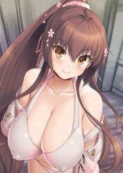1girl asaga_aoi bikini breasts brown_eyes brown_hair cleavage closed_mouth collarbone covered_erect_nipples flower hair_between_eyes hair_flower hair_ornament hair_ribbon indoors kantai_collection large_breasts long_hair looking_at_viewer official_alternate_costume pink_ribbon ponytail puffy_nipples ribbon smile solo sweat swimsuit white_bikini yamato_(kancolle)
