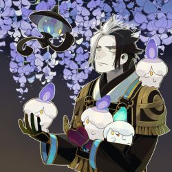 Rule 34 | 1boy, alternate color, armor, black hair, fire, gauntlets, gen 5 pokemon, kuroda kanbei, lampent, leaf, litwick, male focus, multicolored hair, nintendo, nobunaga no yabou, pokemon, pokemon (creature), pokemon conquest, sengoku musou, shiny pokemon, split-color hair, two-tone hair, ucchii, white hair