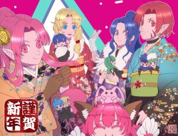 5girls :d animal_ears animal_hands artist_request black_choker blonde_hair cat_ears choker closed_mouth cyuss_warren dorne_murtough earrings flower gloves hair_flower hair_ornament ilia_silvestri ioshua_jerand japanese_clothes jewelry kimono long_hair looking_at_viewer mavelle_froessen millie_chliette multiple_girls new_year open_mouth perisie_(star_ocean) phia_mell pink_hair pointy_ears ponytail roddick_farrence ronyx_j._kenny short_hair smile star_ocean star_ocean_first_departure
