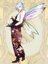 1boy argyle_clothes argyle_kimono bead_bracelet bead_necklace beads black_footwear black_gloves blue_hair boots bracelet chest_sarashi closed_mouth clovis_aureole cup curtained_hair dairoku_ryouhei dice earrings fairy_wings folded_ponytail from_side full_body gloves green_ribbon hadanugi_dousa hanafuda high_heel_boots high_heels holding holding_cup holding_dice japanese_clothes jewelry kimono light_blue_hair looking_at_viewer looking_to_the_side male_focus morino_bambi necklace obi open_clothes open_kimono parted_bangs playing_card_print print_kimono purple_kimono red_eyes ribbon sarashi sash sidelocks single_bare_arm single_bare_shoulder smile standing uroko_(pattern) wings wrist_ribbon