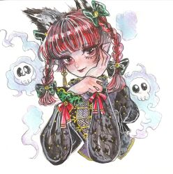1girl animal_ears bell black_dress blunt_bangs bow braid cat_ears cleavage_cutout clothing_cutout collar cropped_torso dress earrings endless_knot fire fishnet_top fishnets flaming_skull floating_skull frilled_collar frilled_sleeves frills gold_trim green_bow hair_bow hand_on_own_cheek hand_on_own_face head_rest highres jewelry jingle_bell juliet_sleeves kaenbyou_rin lipstick long_sleeves makeup multiple_hair_bows painting_(medium) patterned_clothing puffy_sleeves red_bow red_hair skull solo surume_(surumemodoki) tassel tassel_earrings touhou traditional_media twin_braids watercolor_(medium) white_background