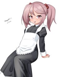 1girl absurdres alternate_costume apron black_dress dress enmaided feet_out_of_frame frilled_apron frills highres invisible_chair kantai_collection maid maru_(marg0613) medium_hair one-hour_drawing_challenge pink_eyes pink_hair sazanami_(kancolle) simple_background sitting solo tongue tongue_out twintails white_apron white_background
