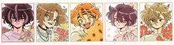 18trip 5boys absurdres black_choker black_hair blush border brown_hair choker chokki_01 falling_petals flower green_eyes hair_between_eyes headband highres holding holding_flower isotake_akuta kaguya_muneuji kinugawa_kiroku kurama_ushio looking_at_viewer male_focus multicolored_hair multiple_boys nanamegi_nanaki orange_hair parted_bangs petals pink_flower pink_petals purple_eyes red_eyes red_flower red_petals smile streaked_hair sunflower upper_body white_border yellow_petals