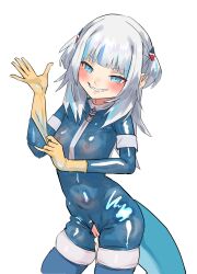 adjusting_clothes adjusting_gloves bodysuit fish_tail gawr_gura gloves hololive karlsson_(d.r.) latex latex_bodysuit latex_gloves nurse shark_tail tagme tail translucent white_hair