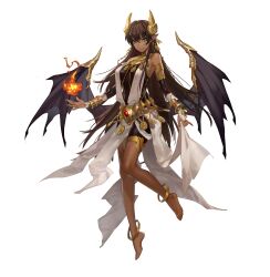 1girl absurdres anklet armpits bare_hips bare_legs bare_shoulders barefoot bracelet bridal_gauntlets brown_hair character_request da_wang_bu_gaoxing dark-skinned_female dark_skin demon_girl demon_horns demon_wings elbow_gloves eyeshadow feet fingernails fireball floating game_cg gem gloves gold_anklet gold_bracelet gold_headdress gold_ring hair_between_eyes highres horns jewelry long_fingernails long_hair looking_at_viewer magic makeup middle_ring midriff multiple_bracelets multiple_rings navel official_art parted_lips pinky_ring pointy_ears red_gemstone red_nails revealing_clothes ring seductive_smile shiny_skin smile solo thighlet thumb_ring tiptoes toenails toned toned_female transparent_background variant_set white_eyeshadow wing_ornament wings yellow_eyes