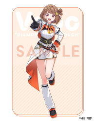 1girl belt black_gloves black_shoes blush bodice bow bowtie brown_hair collared_shirt copyright_name cropped_jacket full_body gloves hair_ornament hair_rings half-skirt hand_on_own_hip index_finger_raised jacket long_sleeves loose_socks multicolored_hair official_art orange_bow orange_bowtie orange_hair orange_sleeve_cuffs red_eyes sample_watermark sendo_yuuhi shirt shoes short_hair single_hair_ring socks solo standing standing_on_one_leg tama_(songe) virtual_youtuber vspo! watermark white_shirt