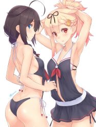 2girls ahoge armpits arms_up artist_name ass back backless_swimsuit black_ribbon blonde_hair blue_eyes blue_one-piece_swimsuit braid braided_ponytail breasts brown_hair butt_crack clothes_pull collarbone commentary_request cowboy_shot dan_(kumadan) dimples_of_venus frilled_swimsuit frills hair_bun hair_ornament hair_over_shoulder hair_ribbon hairclip holding holding_own_hair holding_swimsuit holding_unworn_clothes kantai_collection long_hair looking_at_viewer medium_breasts midriff_peek multiple_girls one-piece_swimsuit one-piece_swimsuit_pull open_mouth red_eyes red_ribbon ribbon shigure_(kancolle) side_ponytail sideboob sidelocks simple_background single_braid single_hair_bun skirt swimsuit unworn_swimsuit white_background white_string yuudachi_(kancolle)
