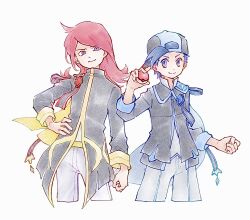 Rule 34 | 2boys, alternate color, blue eyes, blue gemstone, clenched hand, closed mouth, ethan (arc suit) (pokemon), ethan (pokemon), gem, hand on own hip, hand up, hat, highres, holding, holding poke ball, jacket, long hair, looking at viewer, male focus, multiple boys, nintendo, official alternate costume, pants, poke ball, poke ball (basic), pokemon, pokemon masters ex, red gemstone, short hair, silver (arc suit) (pokemon), silver (pokemon), simple background, smile, tan carbonnn, white background