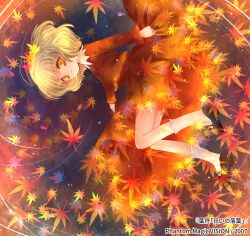 1girl aki_shizuha autumn_leaves black_shoes blonde_hair buttons dress highres leaf long_sleeves maple_leaf mary_janes purple_background red_background red_dress red_shirt shirt shoes short_hair smile socks solo swirl torii_sumi touhou two-tone_background white_socks yellow_eyes