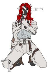... 1boy aleph_(reverse:1999) black_gloves black_mask facing_viewer full_body gloves hand_up highres kneeling long_hair male_focus pants red_hair reverse:1999 shirt solo speech_bubble spoken_ellipsis white_background white_pants white_shirt yi_ke_xuesongshu