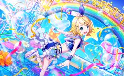 Rule 34 | 1girl, :d, aqua eyes, blonde hair, blue bow, blue sailor collar, blue shirt, blue shorts, bow, bow hairband, breasts, bubble, colorful palette, crop top, flower, foot out of frame, foot up, game cg, hair ornament, hairband, hairclip, heart, highres, kagamine rin, kokokara re:start! (project sekai), looking at viewer, multicolored bow, official art, open mouth, orange flower, project sekai, rainbow, sailor collar, shirt, shoes, shorts, smile, solo, sparkle, star (symbol), streamers, third-party source, tongue, vocaloid, white bow, white shoes