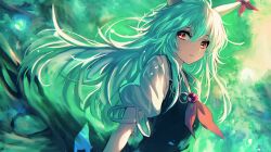 1girl bow bowtie closed_mouth commentary english_commentary ex-keine green_background green_hair hair_between_eyes horn_bow horn_ornament horns kamishirasawa_keine long_hair looking_to_the_side neckerchief puffy_short_sleeves puffy_sleeves red_bow red_bowtie red_eyes red_neckerchief short_sleeves solo standing touhou upper_body xiirus