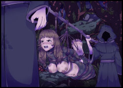 1girl 2boys absurdres angry barefoot bdsm black_bodysuit bodysuit bondage bound bound_arms bound_legs bound_toes bound_wrists breasts breasts_out brown_hair carrying carrying_person dirty dirty_clothes dirty_face dirty_feet eudetenis forest gag highres hogtie hood hood_up kidnapped kidnapping multiple_boys nature night nipples open_mouth pole puffy_nipples robe rope shadow shibari stomach suspension tearing_up tears