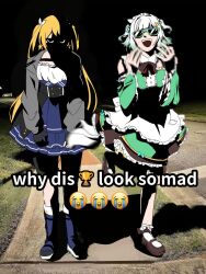Rule 34 | 2girls, angry, apron, aqua dress, aqua hair, black gloves, blonde hair, blue dress, blue footwear, boots, bow, bowtie, commentary, detached sleeves, dokibird (vtuber), dokibird (vtuber) (retro doki), dress, emoji, english text, frills, full body, gloves, grass, grey jacket, greyscale, highres, indie virtual youtuber, jacket, long hair, looking at viewer, maid, maid apron, medium hair, meme, mint fantome, mint fantome (minto 2.0), monochrome, multiple girls, night, open mouth, outdoors, photo background, road, seria aaaa, shaded face, shoes, sidewalk, smile, sunglasses, triangular headpiece, twintails, two side up, virtual youtuber, white hair, why dis ninja look so mad (meme)