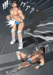 ! !! 2boys ball_busting crotch_kick ejaculation_under_clothes jack_ray keiichirou_(mixedfight) knee_pads multiple_boys