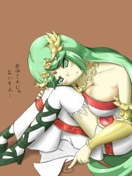 1girl armlet asymmetrical_footwear blush breast_press breasts choker cleavage drawing dress female_focus fingernails frilled_thighhighs frills frown gem green_eyes green_hair high_heels jewelry kid_icarus kid_icarus_uprising large_breasts long_hair mismatched_footwear namaixy necklace nintendo palutena parted_bangs pendant sad sandals side_slit sitting solo spiral strapless strapless_dress swept_bangs tears thighhighs tiara translation_request vambraces very_long_hair