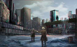 2boys backpack bag blonde_hair brown_coat brown_pants building city cloud cloudy_sky coat full_body highres holding holding_suitcase male_focus multiple_boys original pants scenery short_hair sky spirit standing suitcase urban yamaneko8686