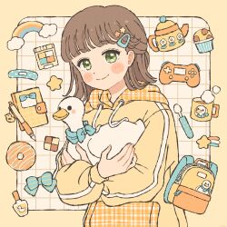 1girl animal backpack bag bandaid bird blue_bow blush border bow brown_hair checkerboard_cookie closed_mouth commentary_request controller cookie donut drawstring duck eeppa food game_controller green_eyes grid_background hair_ornament hairclip highres holding holding_animal hood hood_down hoodie long_sleeves looking_at_viewer notebook original outside_border pen pocket short_hair smile solo spoon star_(symbol) star_hair_ornament teapot upper_body white_background yellow_border yellow_hoodie