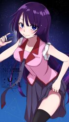 1girl 756san absurdres bakemonogatari black_thighhighs blue_eyes blush breasts closed_mouth clothes_lift collarbone eyelashes grey_necktie grey_skirt hand_up highres holding_stapler impossible_clothes impossible_shirt leaning_forward long_hair looking_at_viewer medium_breasts monogatari_(series) naoetsu_high_school_uniform necktie night night_sky pleated_skirt purple_hair school_uniform senjougahara_hitagi shirt skirt skirt_lift sky sleeves_rolled_up smile solo star_(sky) starry_sky thighhighs very_long_hair watermark