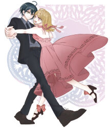 Rule 34 | 1boy, 1girl, ahoge, akamatsu kaede, alternate costume, black suit, blonde hair, blush, collared shirt, commentary request, dancing, danganronpa (series), danganronpa v3: killing harmony, dress, eyelashes, formal clothes, from side, hair between eyes, happy, hetero, high heels, holding hands, jacket, long hair, long sleeves, looking at viewer, medium hair, musical note, musical note print, neck ribbon, necktie, open mouth, pink dress, pink ribbon, purple eyes, ribbon, rin 07070, saihara shuichi, shirt, short hair, smile, suit, white background, yellow eyes