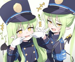 Rule 34 | +++, 2girls, armband, black hat, black jacket, blue archive, blue armband, blush, buttons, demon tail, double-breasted, double middle finger, fang, finger in own mouth, gloves, green hair, hand to own mouth, hat, hikari (blue archive), jacket, japanese text, laughing, long hair, long sleeves, looking at viewer, looking up, making faces, mesugaki, middle finger, mouth pull, multiple girls, non-web source, nozomi (blue archive), open mouth, peaked cap, pointy ears, siblings, simple background, sisters, skin fang, smile, tail, taunting, twins, upper body, white background, white gloves, yellow eyes