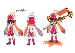 1girl absurdres band_uniform bare_shoulders bike_shorts blue_eyes boots reference_sheet dynamo_roller gloves hat highres inkling inkling_girl inkling_player_character long_hair marching_band monster_girl nintendo official_art orange_hair over_shoulder paint_roller pointy_ears pout pouty_lips shako_cap shorts shorts_under_skirt simple_background skirt smile splatoon_(series) splatoon_1 tentacle_hair translation_request weapon weapon_over_shoulder whistle white_gloves