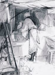 1boy animal blurry bokeh boots box cat depth_of_field facing_away from_behind full_body gintama greyscale highres japanese_clothes kimono long_sleeves lushu_kuye male_focus monochrome outdoors sakata_gintoki short_hair sketch solo standing sword weapon wide_sleeves