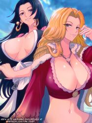 2girls absurdres black_hair bleach blue_eyes boa_hancock boa_hancock_(cosplay) breasts breasts_apart cape chain chain_necklace cleavage clothes_swap cosplay costume_switch crop_top crossover earrings female_focus highres huge_breasts japanese_clothes jewelry long_hair looking_at_viewer matsumoto_rangiku matsumoto_rangiku_(cosplay) midriff multiple_girls navel necklace no_bra one_piece opalis orange_hair patreon_logo patreon_username smile snake_earrings trait_connection watermark web_address