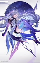 1girl bare_shoulders blue_thighhighs breasts genshin_impact gloves gradient_legwear grey_hair hair_ornament high_heels highres kukatsuma looking_at_viewer purple_eyes purple_gloves purple_thighhighs skirk_(genshin_impact) small_breasts solo thighhighs