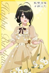 1girl blush bow bowtie brown_eyes brown_hair dress flower highres official_art one_eye_closed shiunji-ke_no_kodomotachi shiunji_kotono solo_focus straight_hair